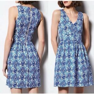 Milly Shift Gold Zipper Blue White Summer Floral Midi Dress Sz 4